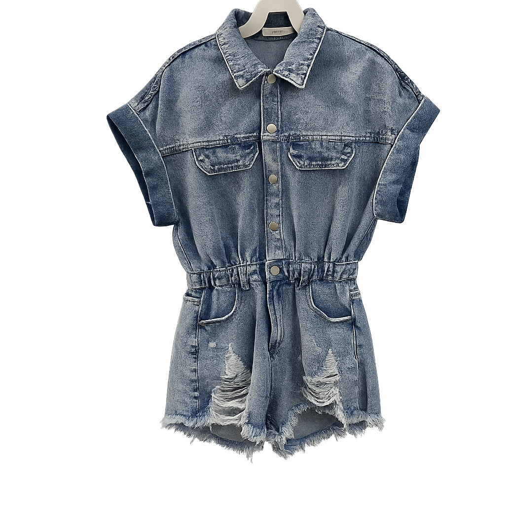 Idem Ditto Denim Romper Acid Wash Distressed Utility Snap Frayed Cowgirl Small