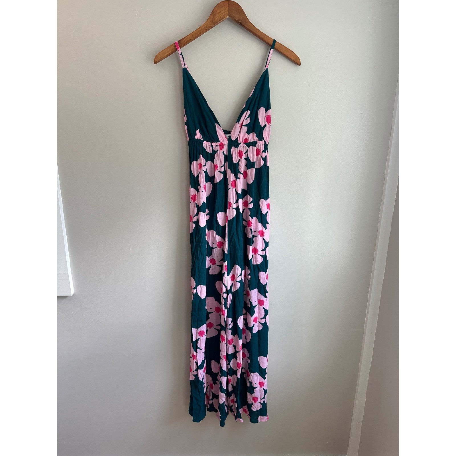 Ava Sky Floral Wide Leg Jumpsuit Women XS Teal Pink EUC Tropical Boho V-Neck