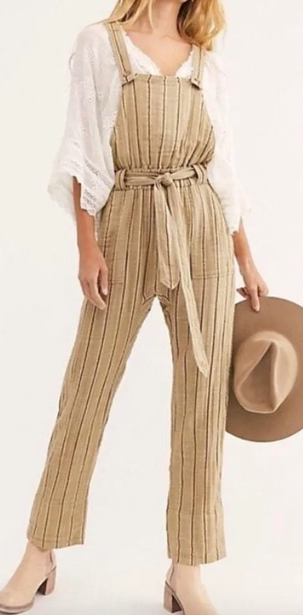 Free People FP One Ballast Overall Jumpsuit Striped Printed Tapered Leg S 220533
