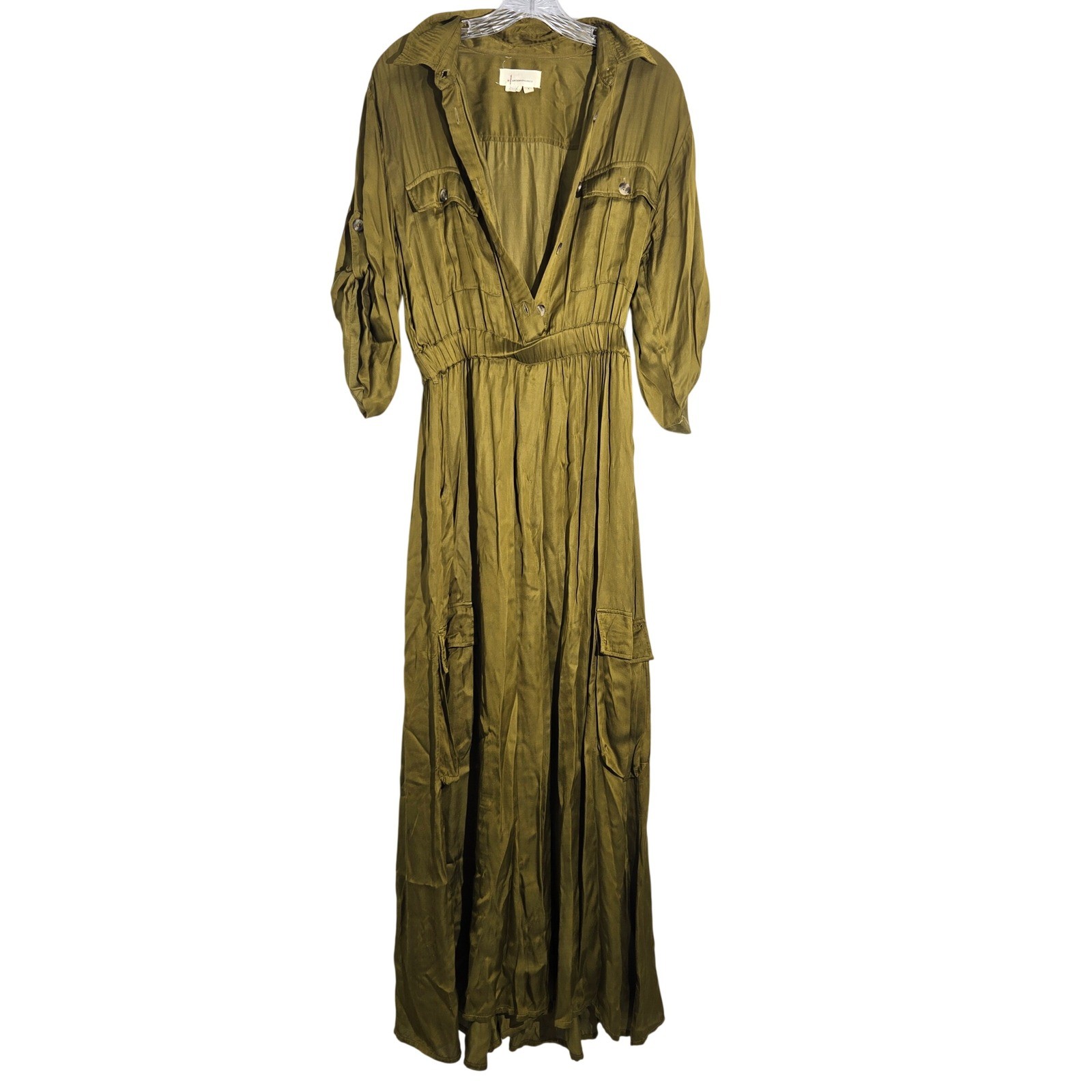 Anthropologie S Utility Satin Jumpsuit Olive Green Button Front Cargo Pocket