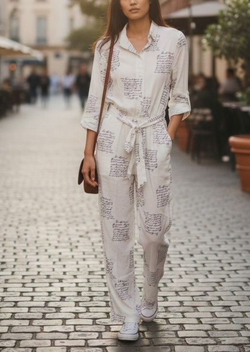 CHICME Women’s Medium Letter Print Long-Sleeve Belted Jumpsuit