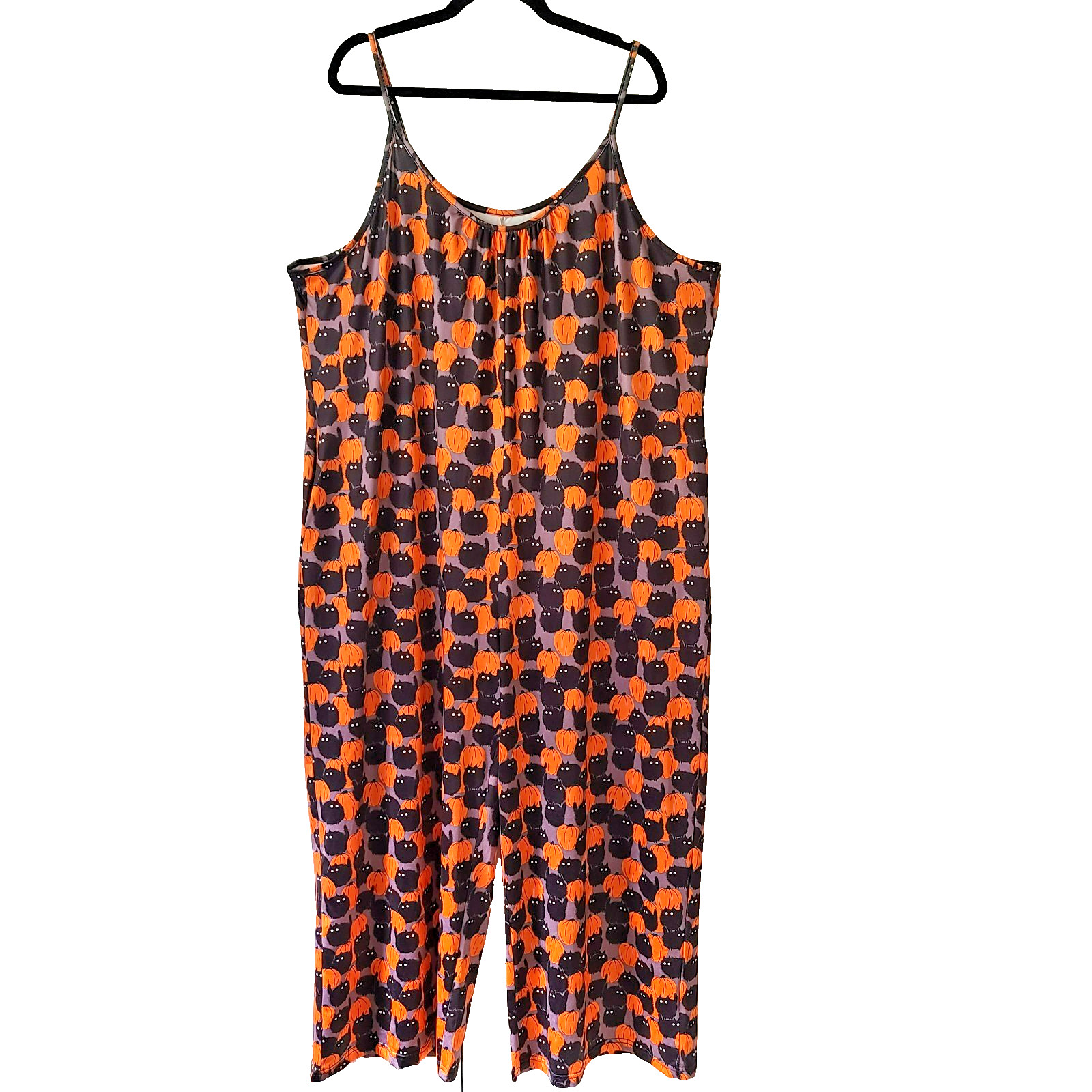 Halloween Black Cat Jumpsuit Pumpkin Women’s 3XL One Piece Romper Pockets