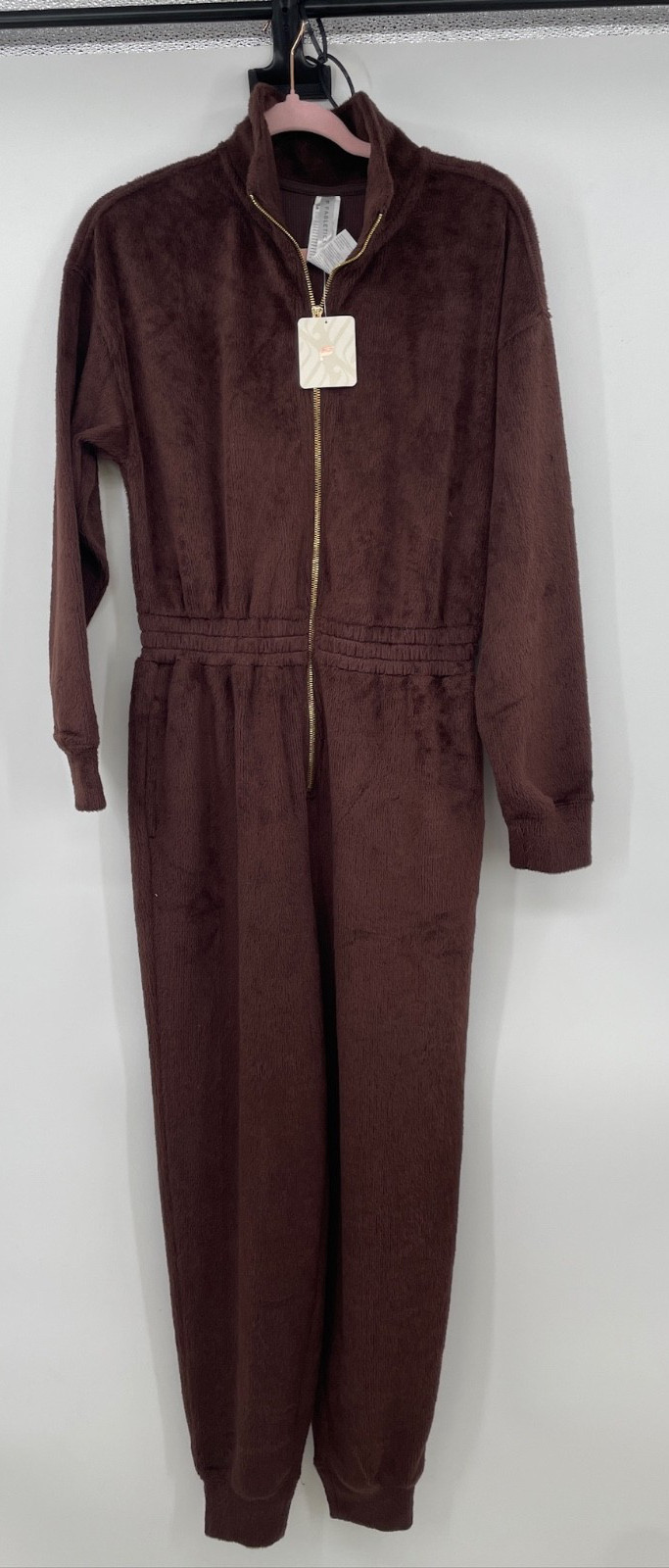 fabletics cozy cord zip jumpsuit fuzzy size women’s medium brown cocao jumpsuit