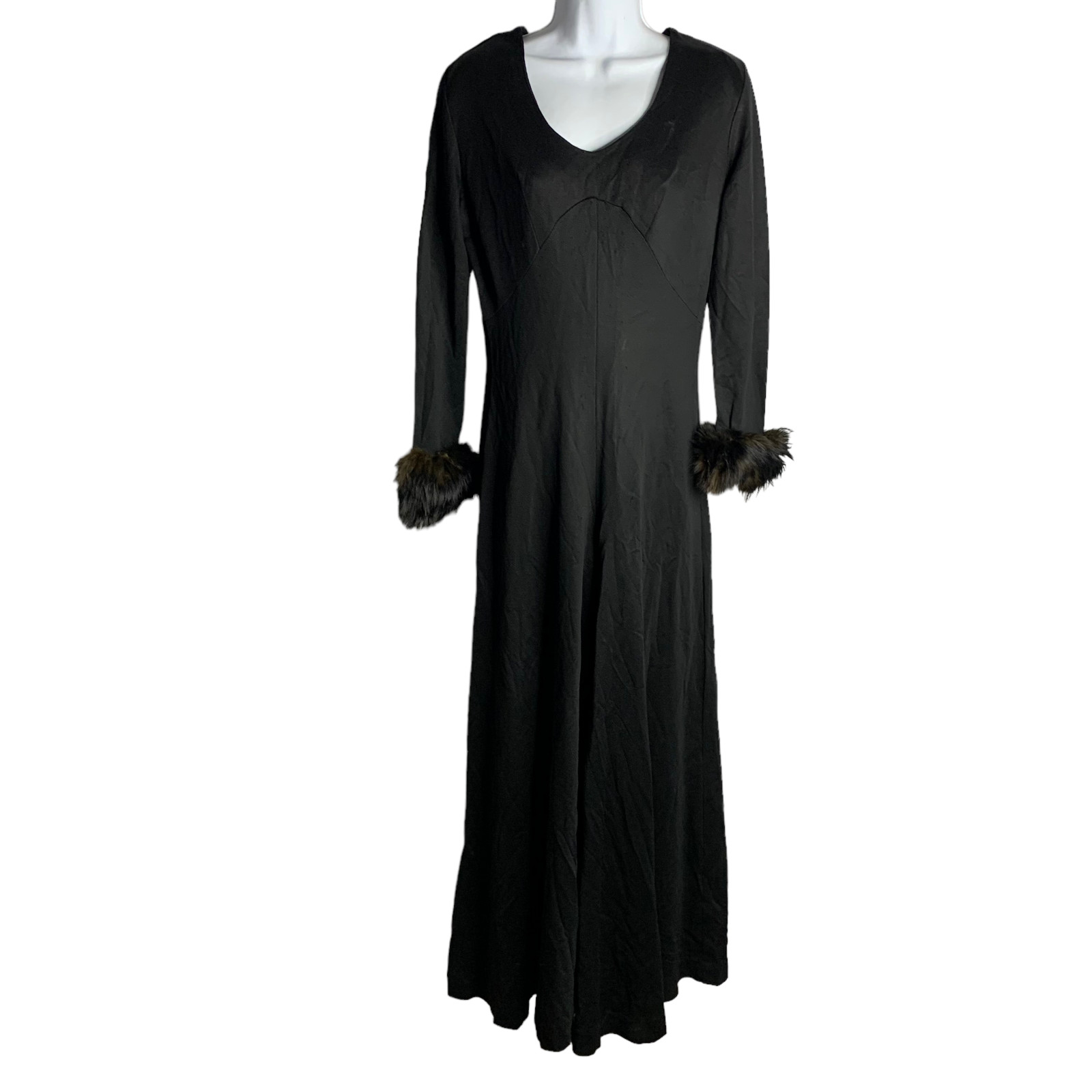 Vintage 60s Jumpsuit Womens Size S Black V Neck Fur Cuffs Wide Leg Disco