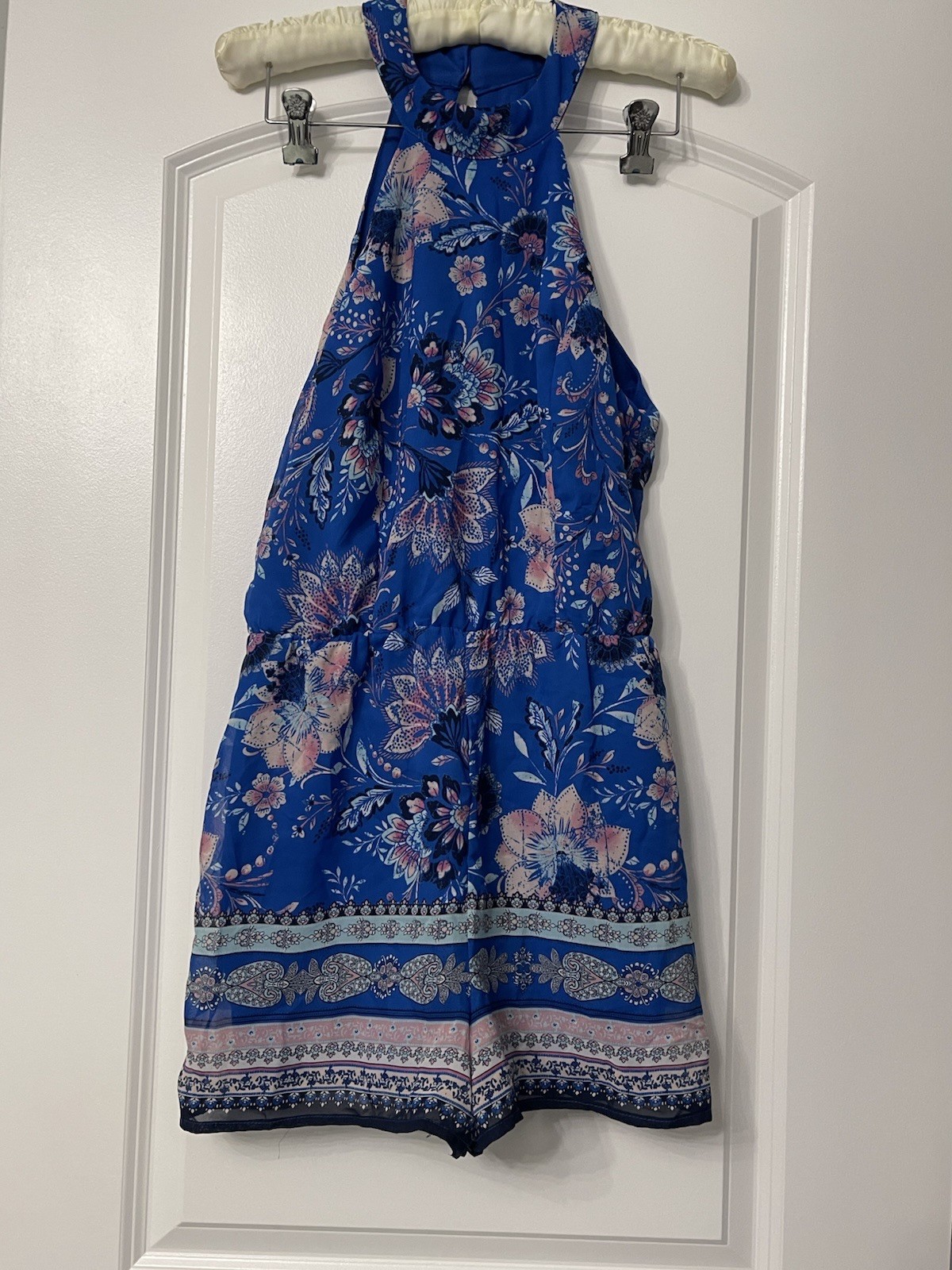 Coastal Blue Floral Romper M Women High Neck Jumpsuit Short Festival Outfit Boho