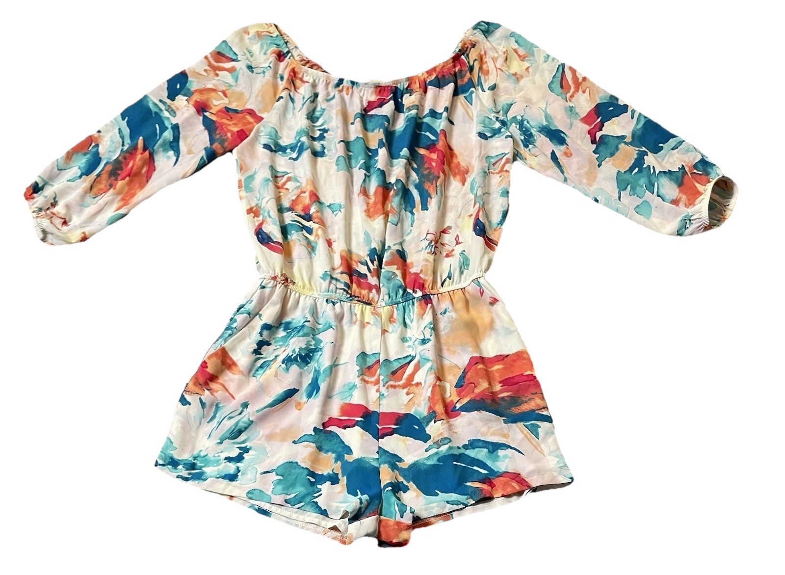 Love Ady Off The Shoulder Romper Women’s M White Blue Pink Sheer Sleeves Party