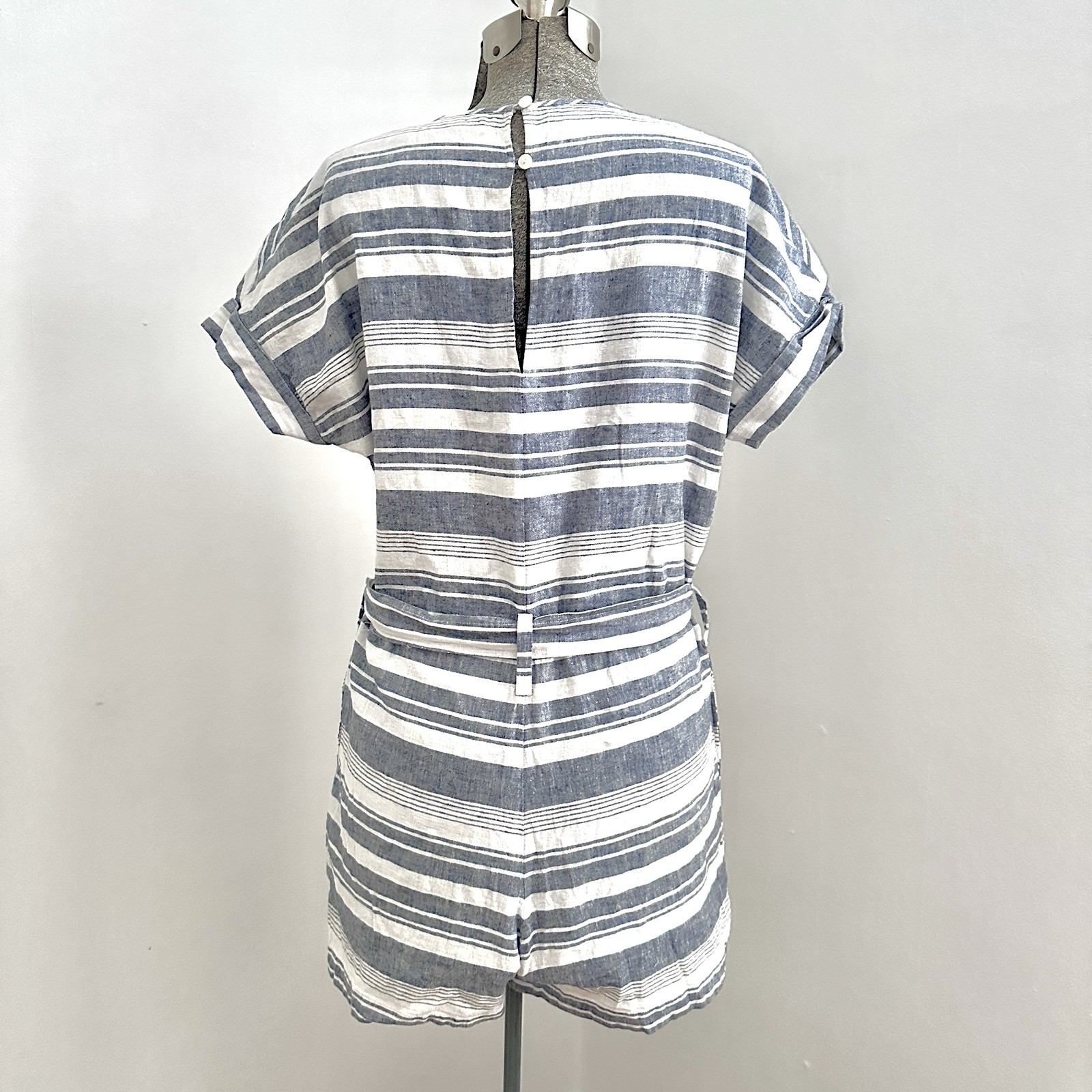 Madewell Striped Blue White Short Sleeve Belted Romper S Cotton Linen Pockets