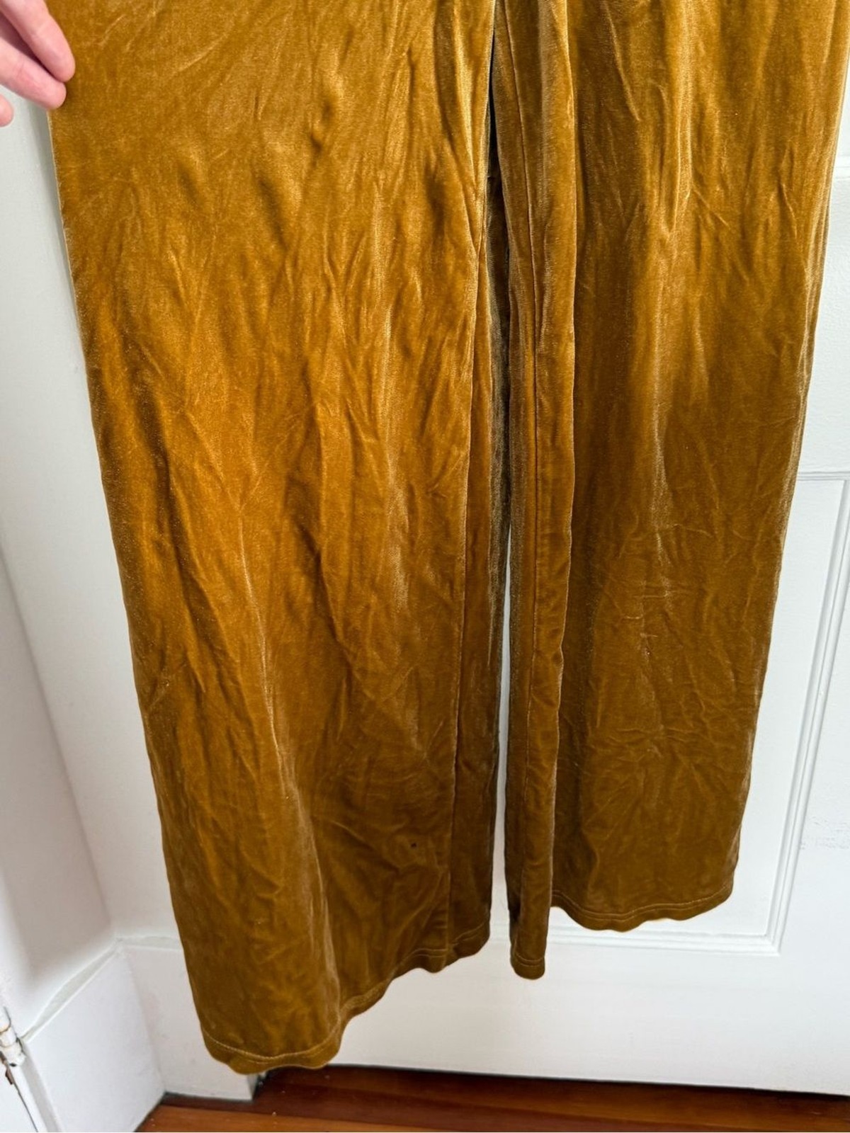 4SI3NNA Mustard Gold Velvet Wide Leg Jumpsuit Deep V Size Small