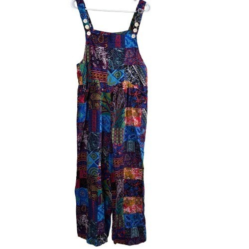 Boho Patchwork Wide Leg Overalls Colorful Whimsical Womens L Adjustable Straps