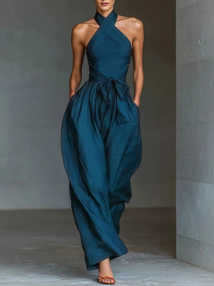 Chic Sexy Ciss Cross Halter Backless Jumpsuit Woman Spring Elegant Tie Waist New