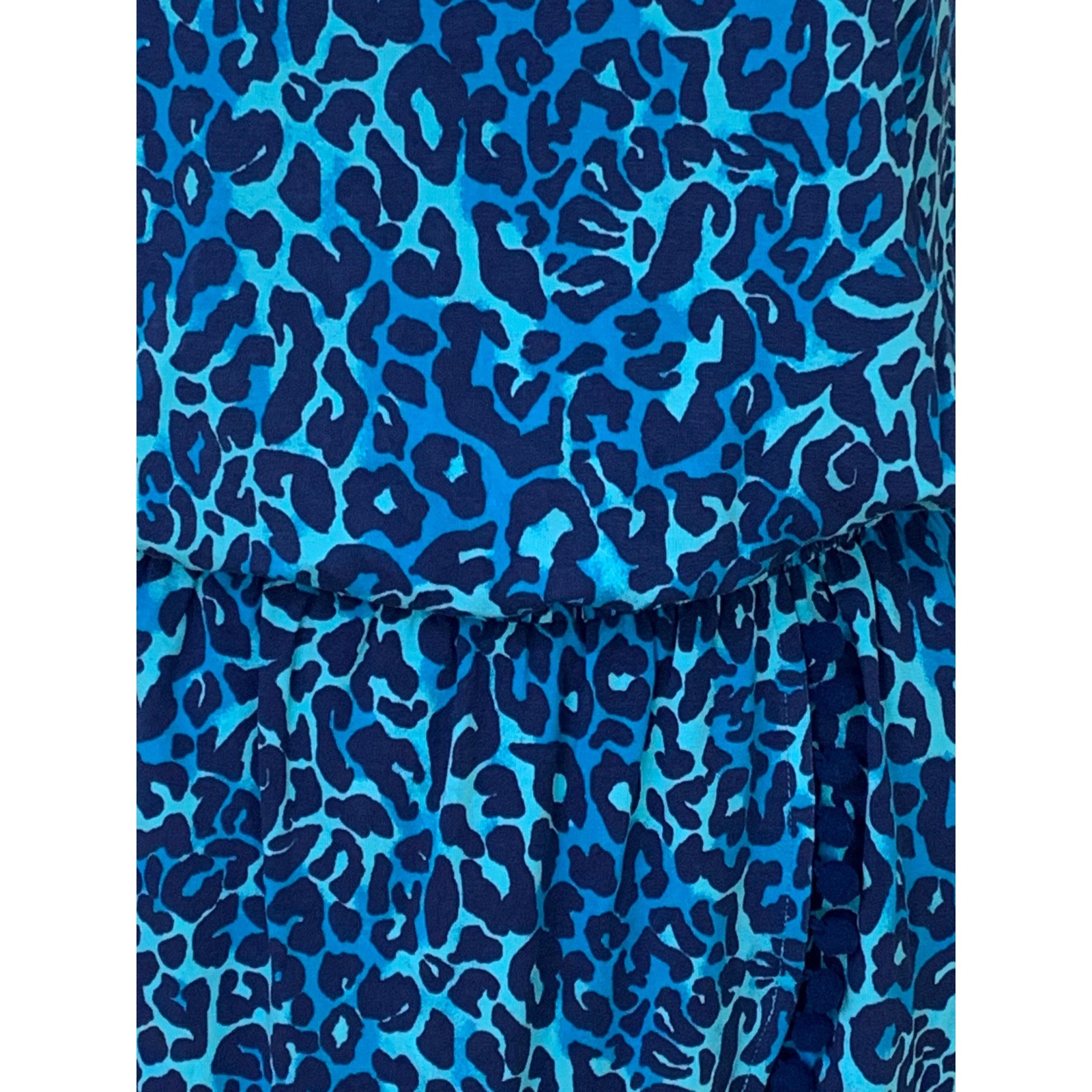 Lilly Pulitzer Blue Leopard Print Pom Pom Romper XS Sleeveless Elastic Waist