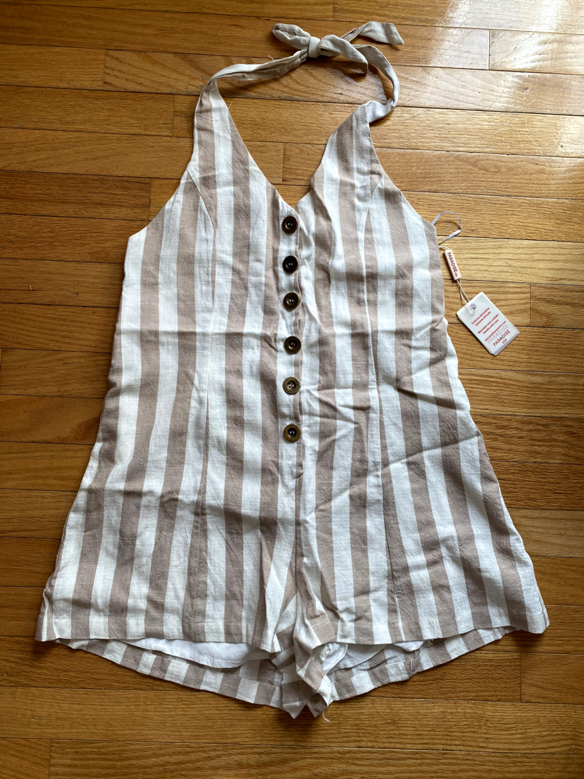 Paradise USA Halter Romper | Cream & Tan stripe | Size L | Lined | NEW WITH TAGS