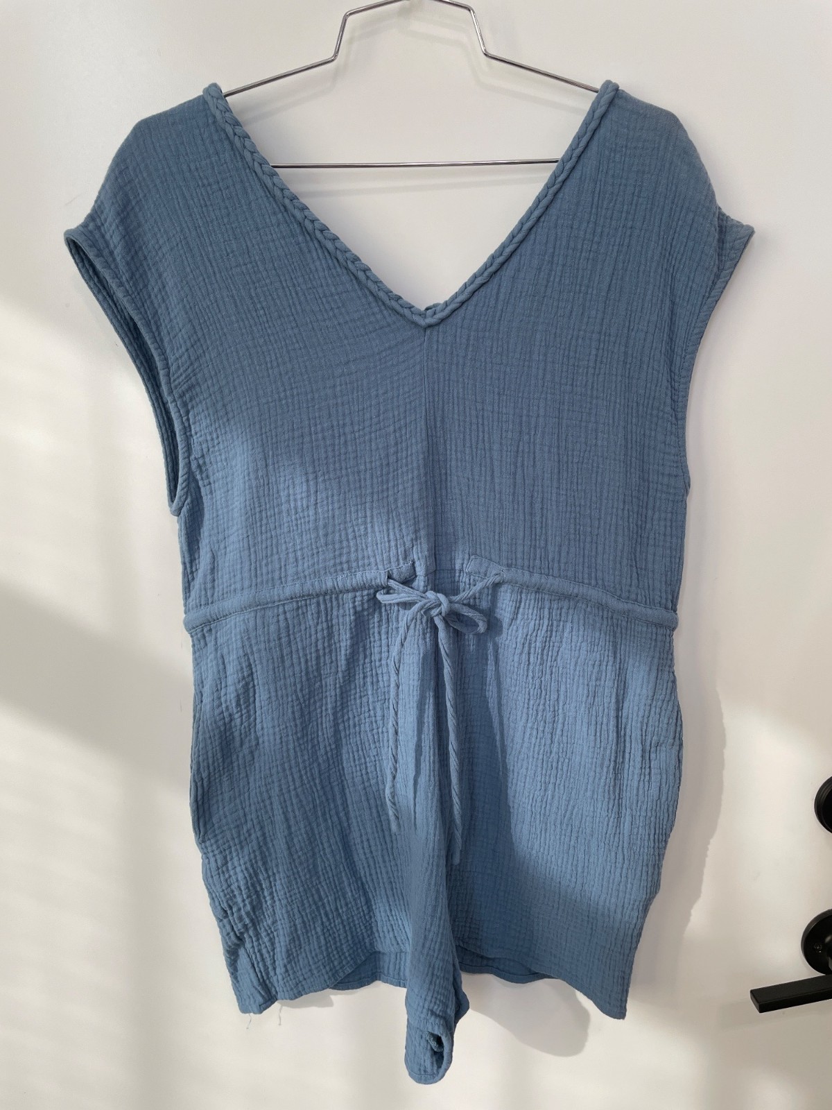 The Nines Romper Size Small Gauze V Neck Braided Strap Drawstring Blue Textured