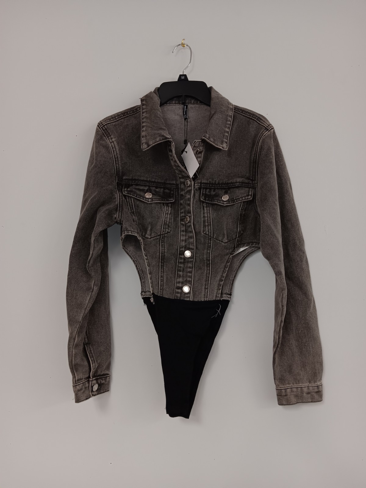 Pretty Little Thing Size 8 Gray Denim Jacket High Side Bodysuit NWT