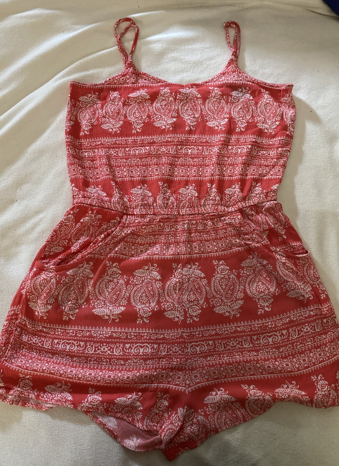 Timing Romper Short Junior Large Orange/White Floral/Abstract Pattern W/Pockets