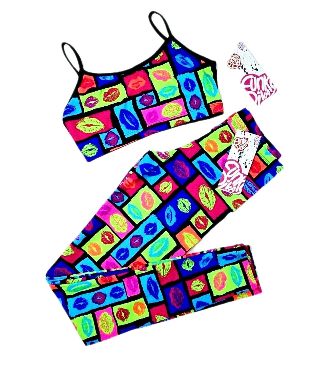 80s Retro Neon Kiss Fashionista Dance Legging Sport Bra Set Women’s M Funky Diva