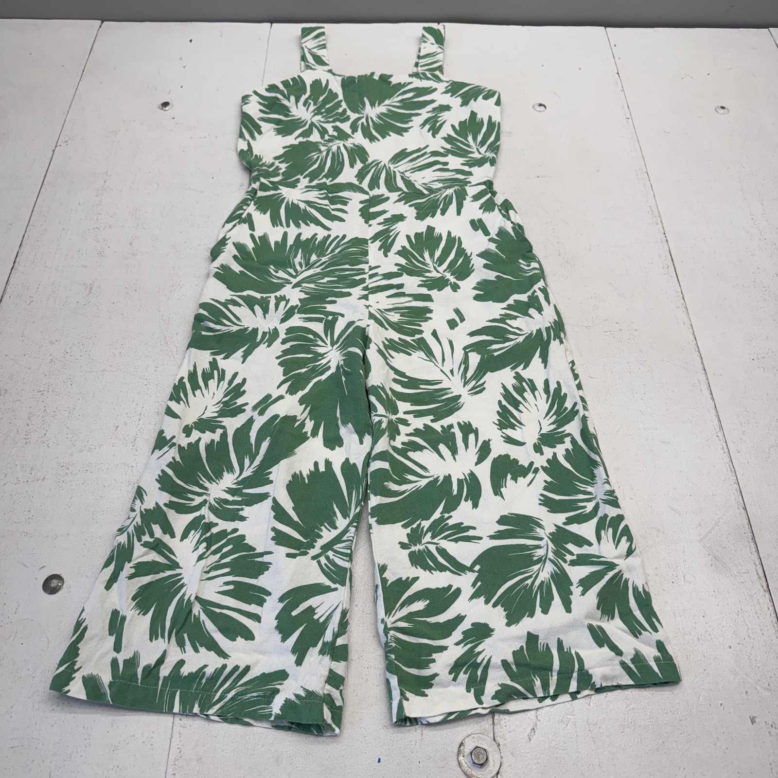 Monteau Los Angeles Jumpsuit Womens S Green Leaf Print Wide Leg Cropped Summer