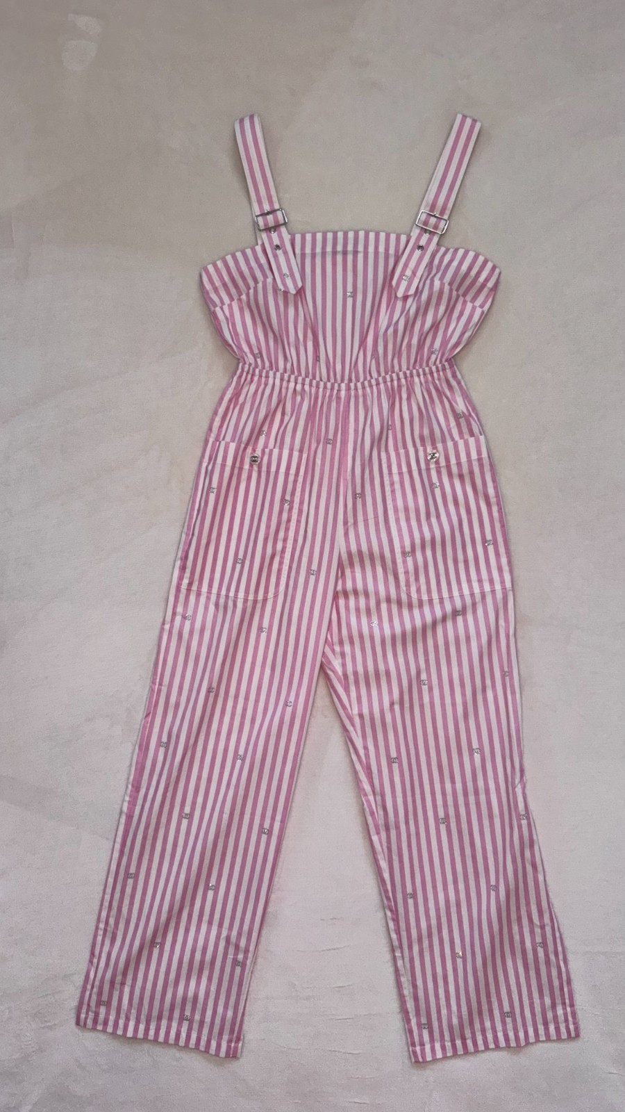 Pink and White Striped 2024 Coco Chanel Jumpsuit, Italian Size 36, Brand New