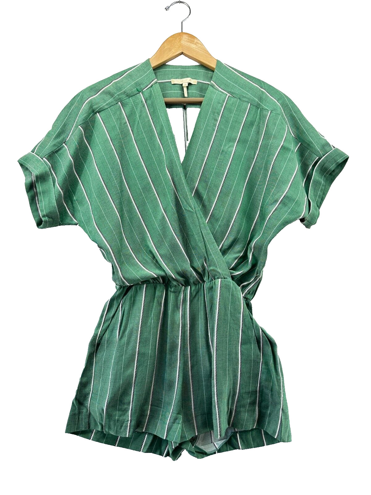 Maje Ipandoni Romper Size XS 34 Green Stripe Shorts Pockets V-Neck Elastic Waist
