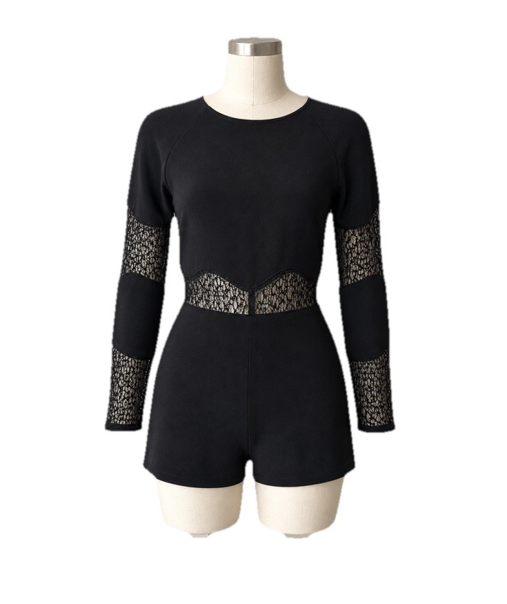 Women’s H&M Size 4 True Black Sheer Lace Sleeves Dressy Romper Back Zip Closure