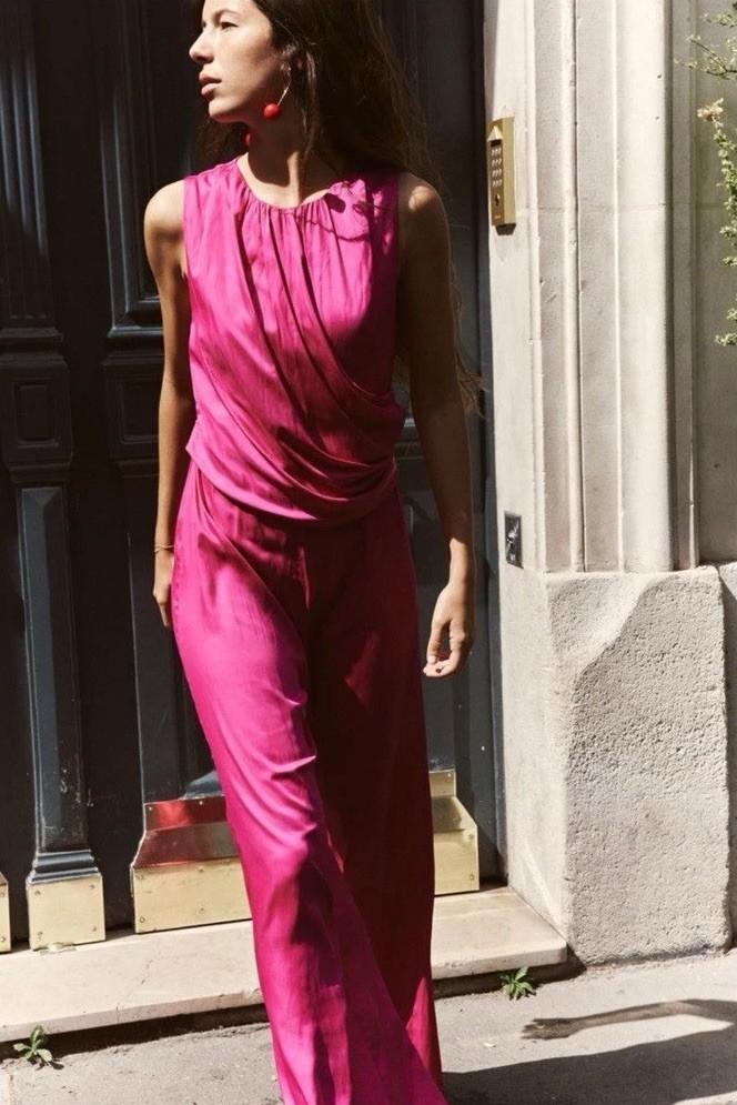 ZARA Fuchsia Satin Effect Wide Leg Jumpsuit Size M NWT