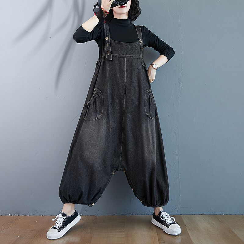 Lady Denim Baggy Dungarees Overalls Jumpsuit Ankle Length Harem Pants Trousers