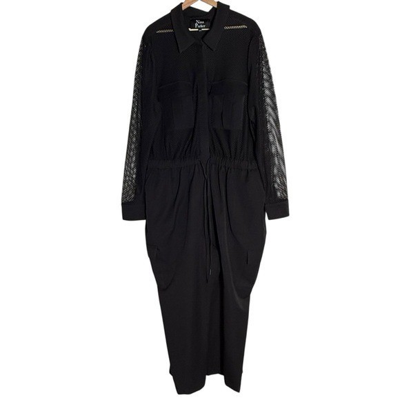 Nina Parker Trendy Plus Size Mesh-Top Black Jumpsuit Size 20W Zipper Tie Waist