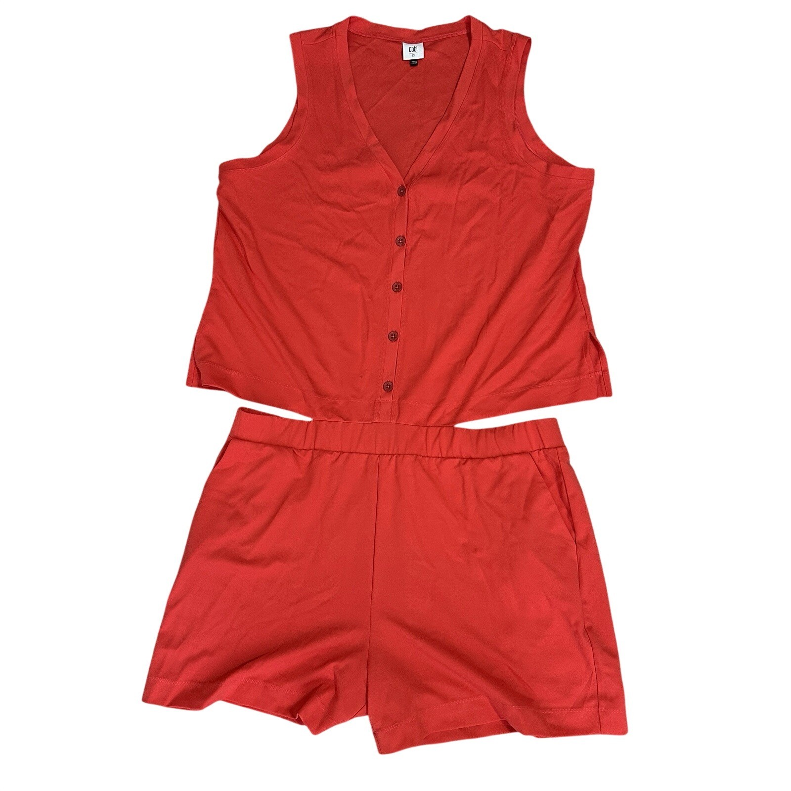 CAbi Hibiscus Romper Womens Size XL Style 6809 Coral Sleeveless Open Back Vneck