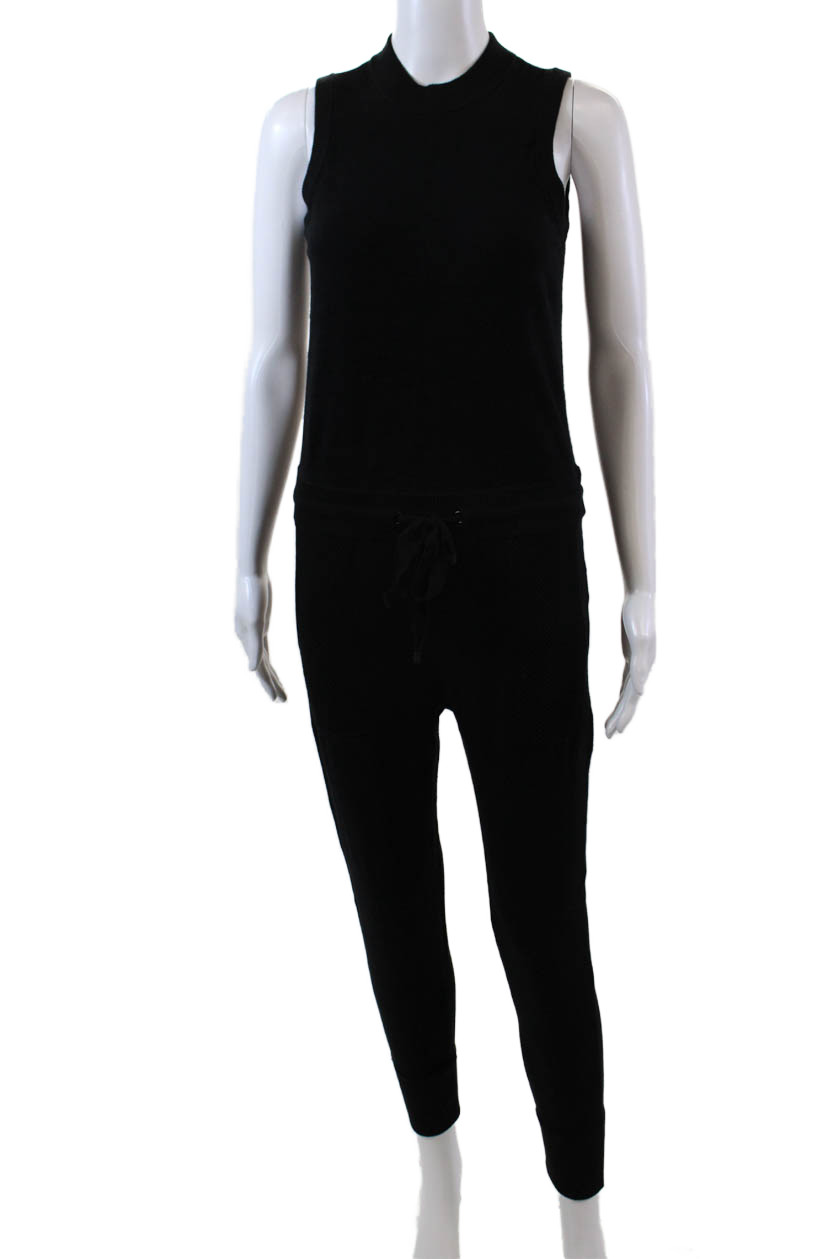 Philanthropy Womens Sleeveless Crew Neck Drawstring Knit Jumpsuit Black Medium