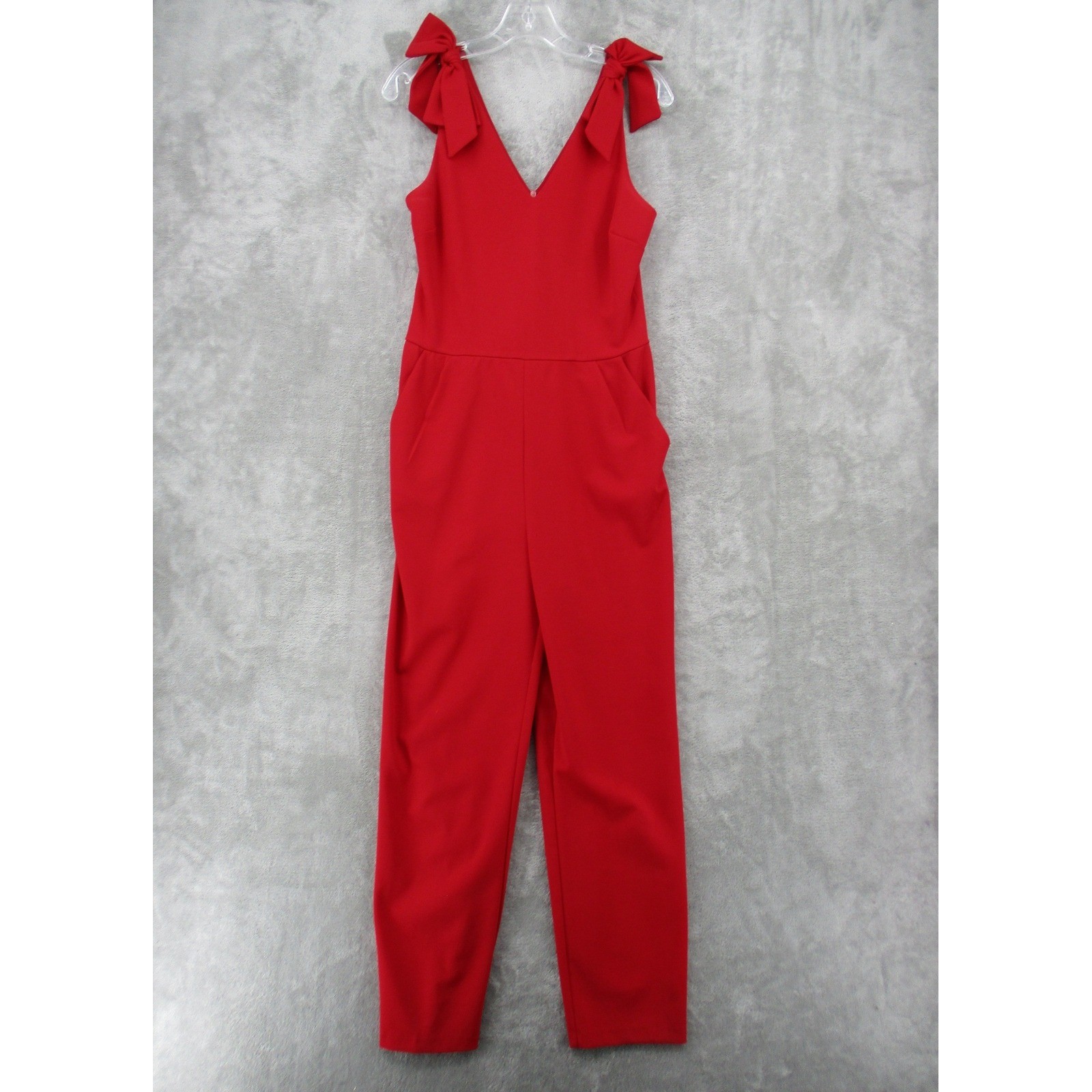 AQUA Jumpsuit Womens Large Bow Shoulder V Neck Wide Leg Holiday Office Event Red