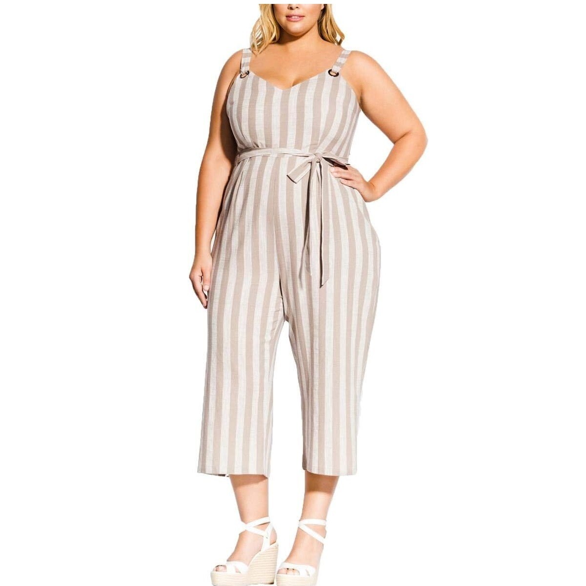 City Chic Women Plus M 18 Oatmeal Stripe Tie Waist Wide Leg Jumpsuit NWT BE34