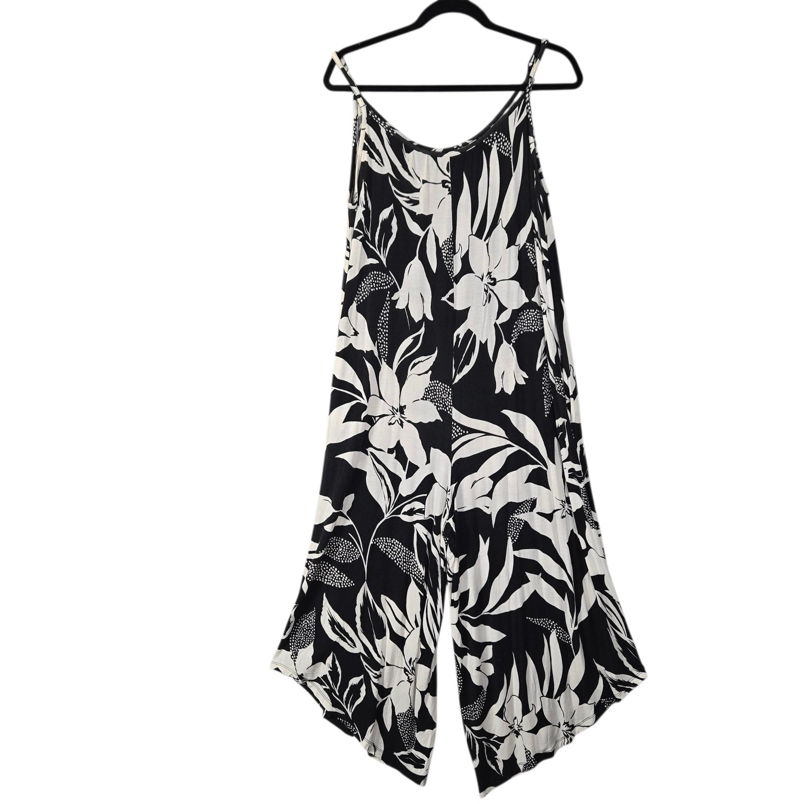 Womens Black White Floral Wide Leg Jumpsuit Romper M Stretch Boho Wide Leg Chic