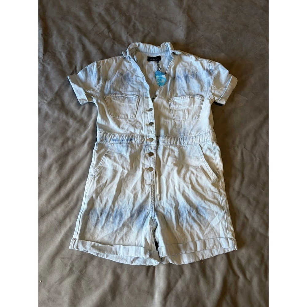 Cider Light Wash Denim Short Sleeve Button Front Romper Small Tie Dye Utility