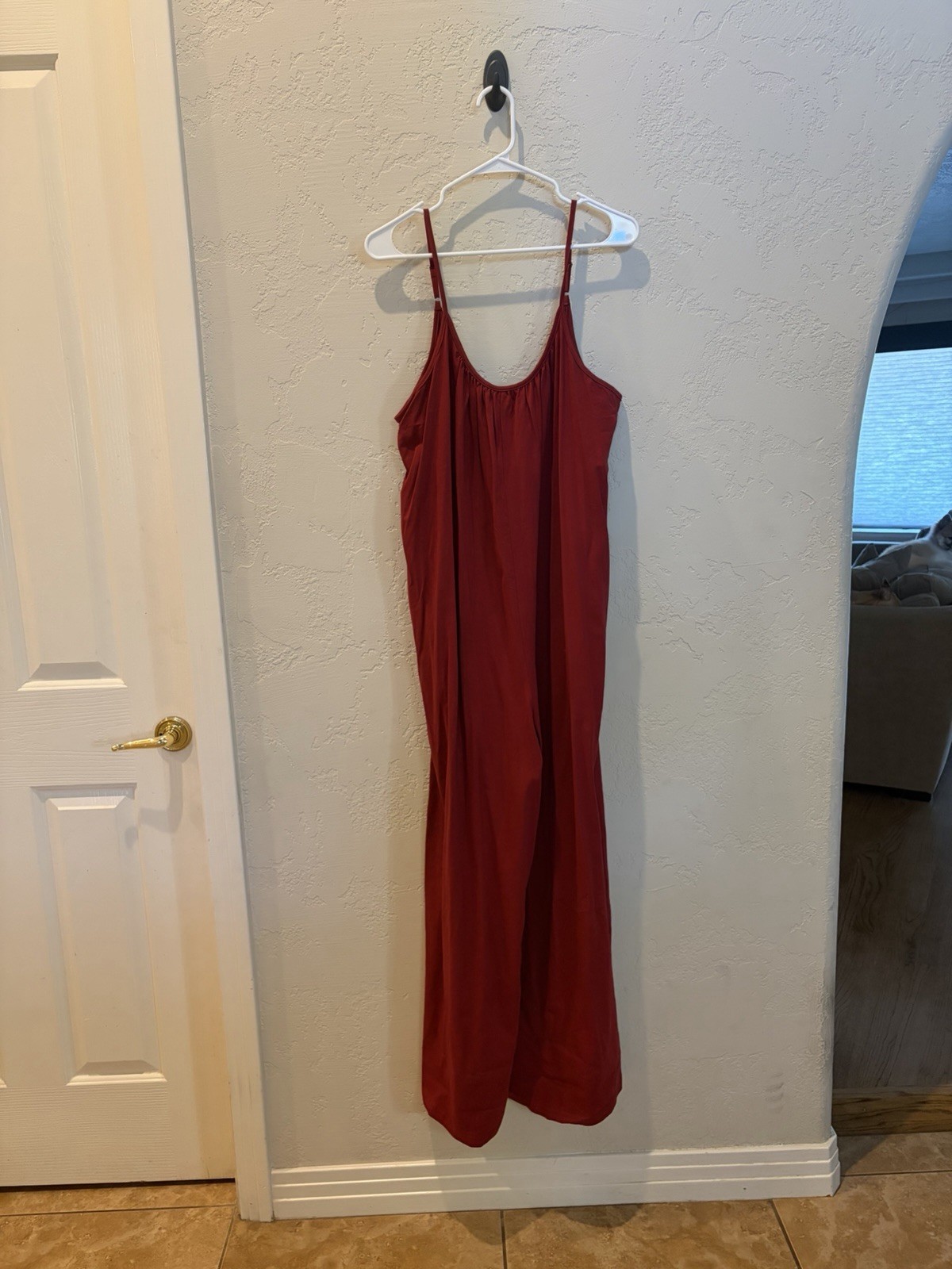 Women’s XL Red Solid Spaghetti Strap Sleeveless Wide-Leg Jumpsuit One-Piece