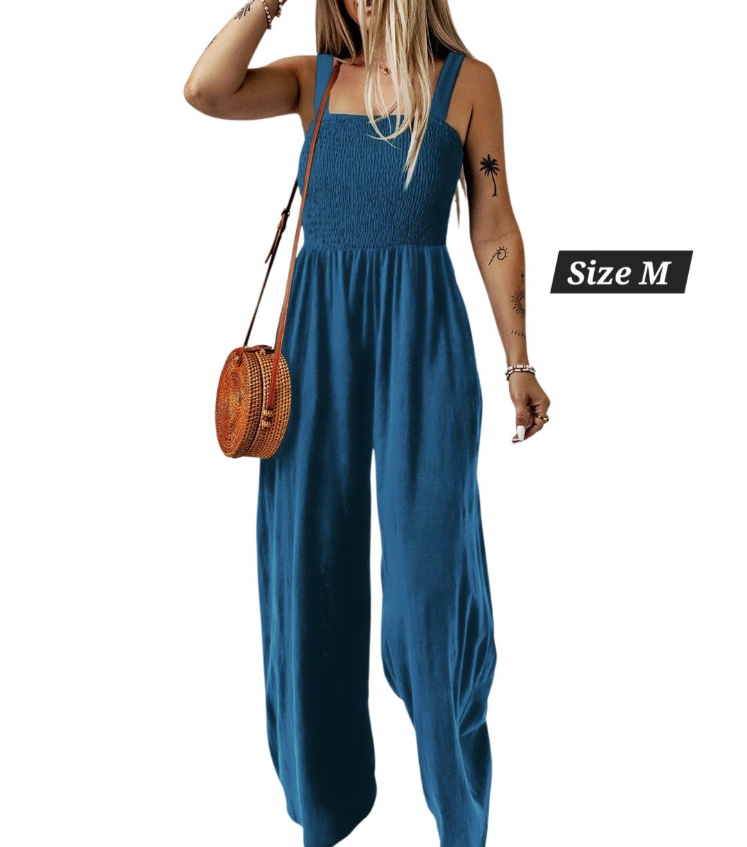 Women’s M Fashion Teal Blue Wide-Leg Jumpsuit Breathable Square Neck Style New