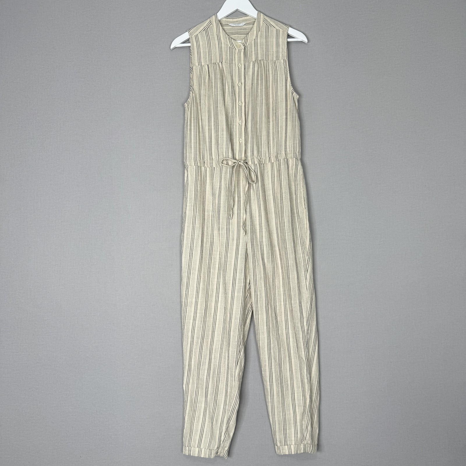 Lucky Brand Jumpsuit Womens Medium Beige Hayley Striped Coastal Beachy Preppy