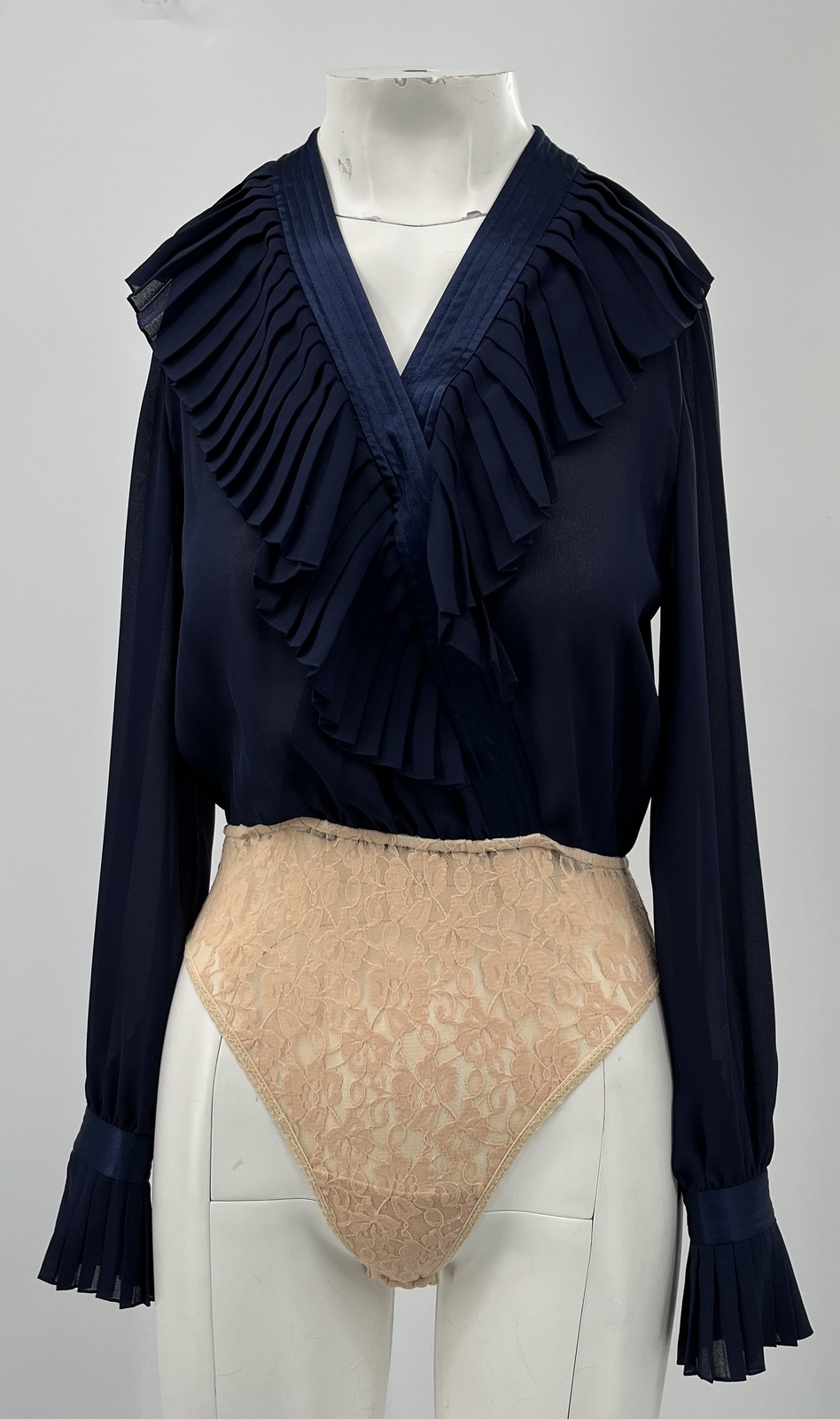 Bill Blass Evening Navy Pleated Neckline Lace-Bottom Long Sleeve Bodysuit sz 4