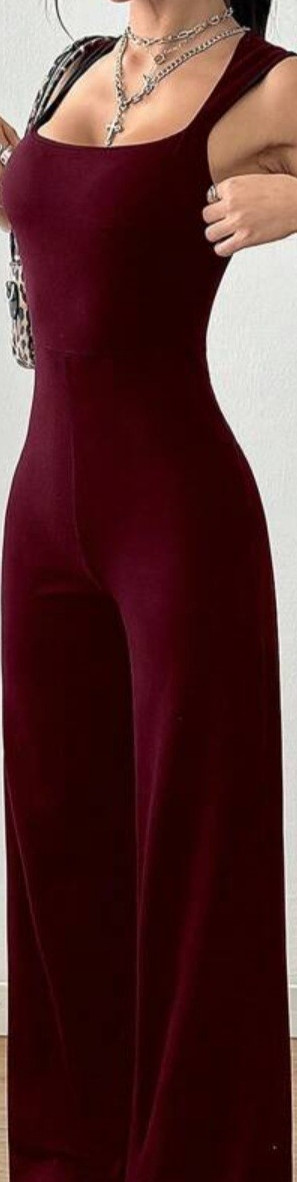 Burgundy Sleeveless Square Neck Solid Slim Fit Wide-Leg Women’s Jumpsuit