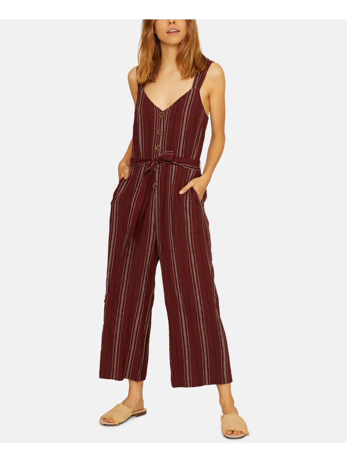 SANCTUARY Womens Maroon Striped Sleeveless V Neck Wide Leg Jumpsuit Size: M