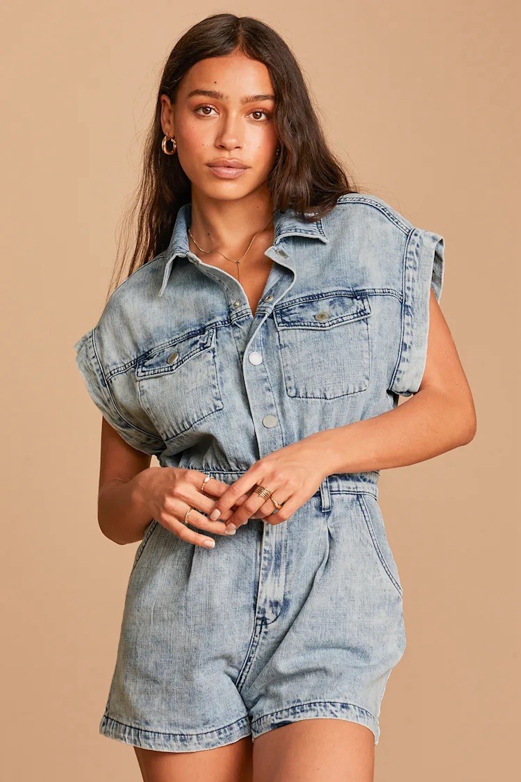 Blank NYC Light Wash Denim Short Sleeve Romper