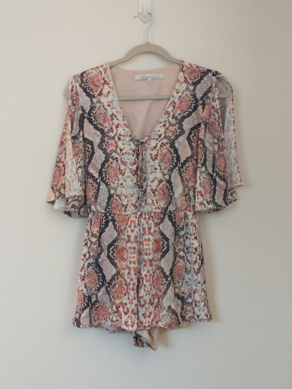 Lovers + Friends Pink Python Snake Kimono Lace Up Romper XS boho coastal cowgirl