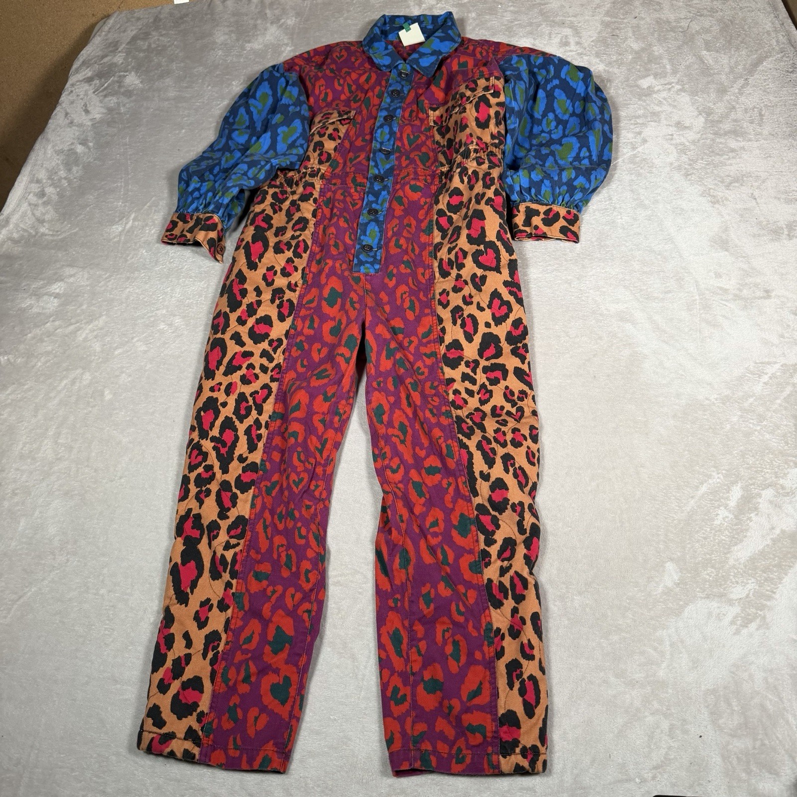 Farm Rio Jumpsuit Womens Large Red Button Up Mixed Leopard Pop Print Overalls
