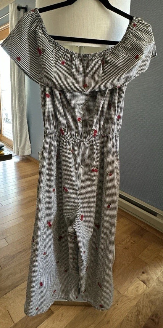 VTG Amazing Cherry Embroidered Jumpsuit Wide Leg 12” Tie Sz M On/off Shoulder