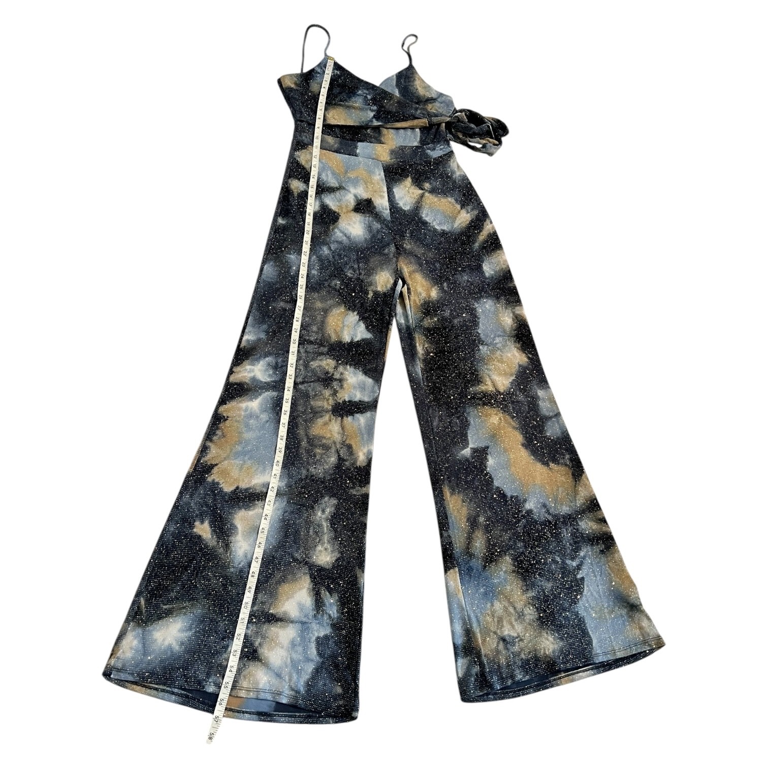 Metallic Galaxy Marble Print Wide Leg Jumpsuit L Wrap Empire Waist Y2K Boho USA