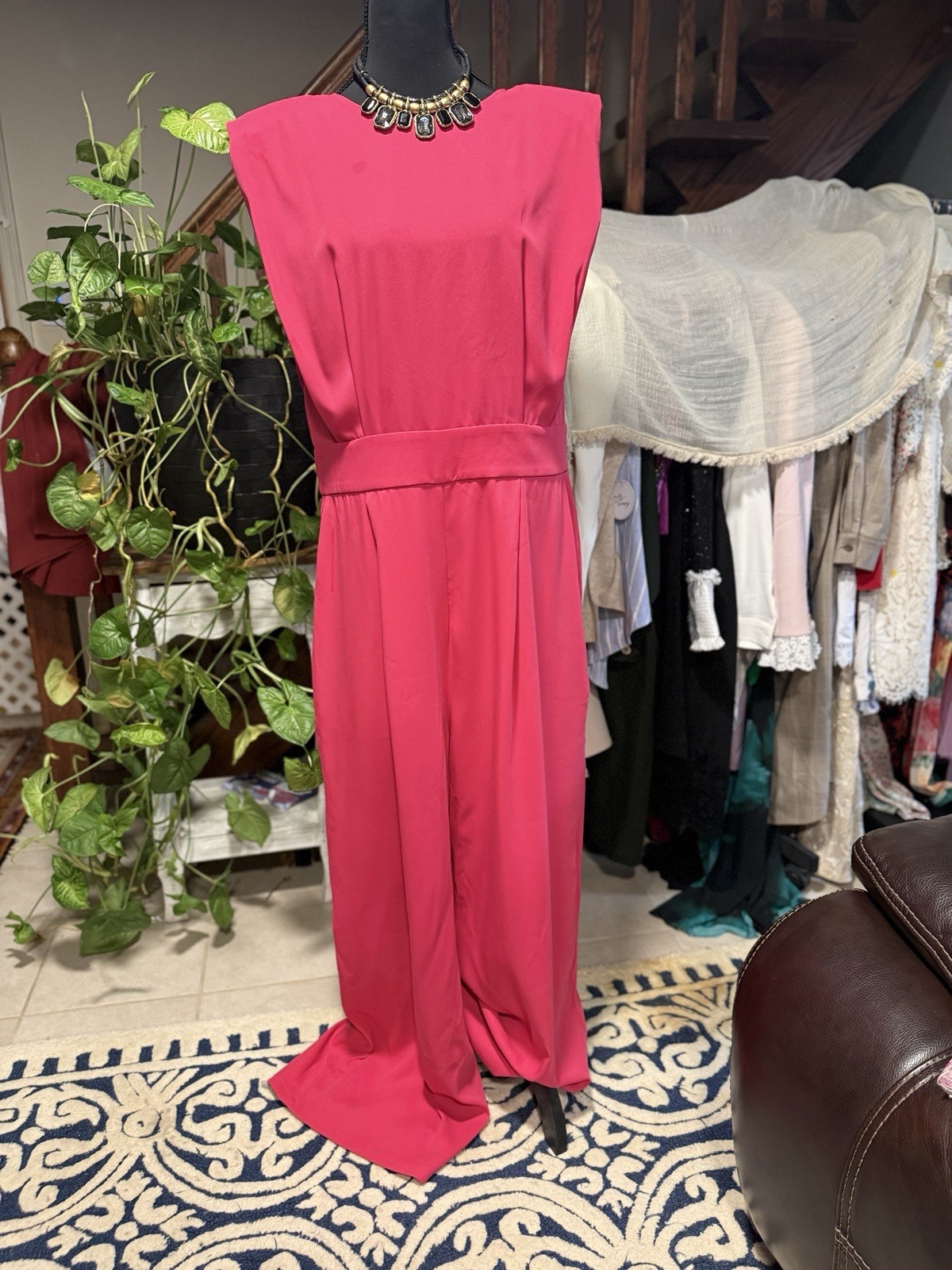Bold Fuchsia Jumpsuit with Shoulder Pads, Elegant Wide Leg, Statement Power Look