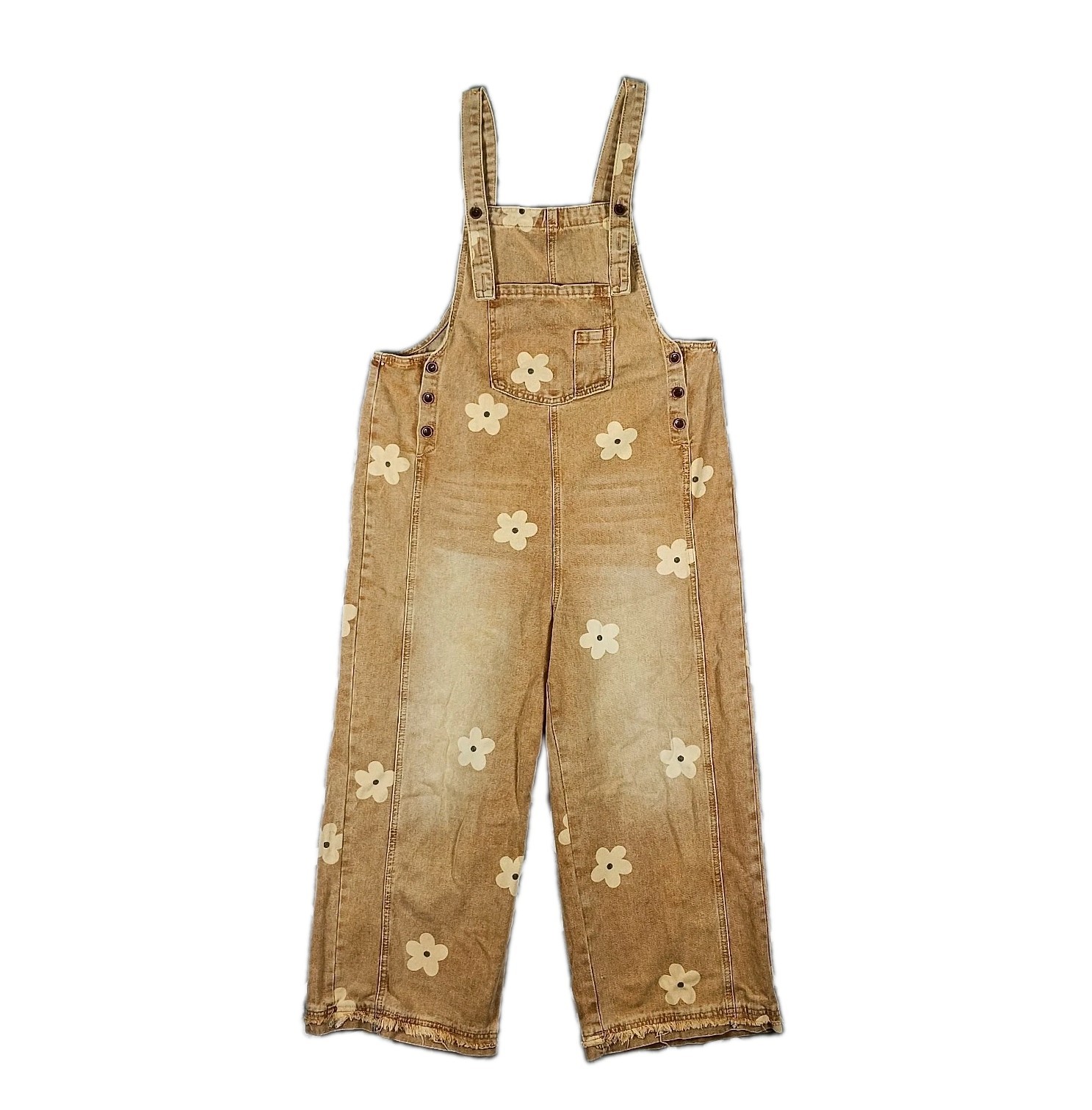 Denim Bib Overalls Women Size Medium Brown Wide Leg Baggy Boho Floral Cottage