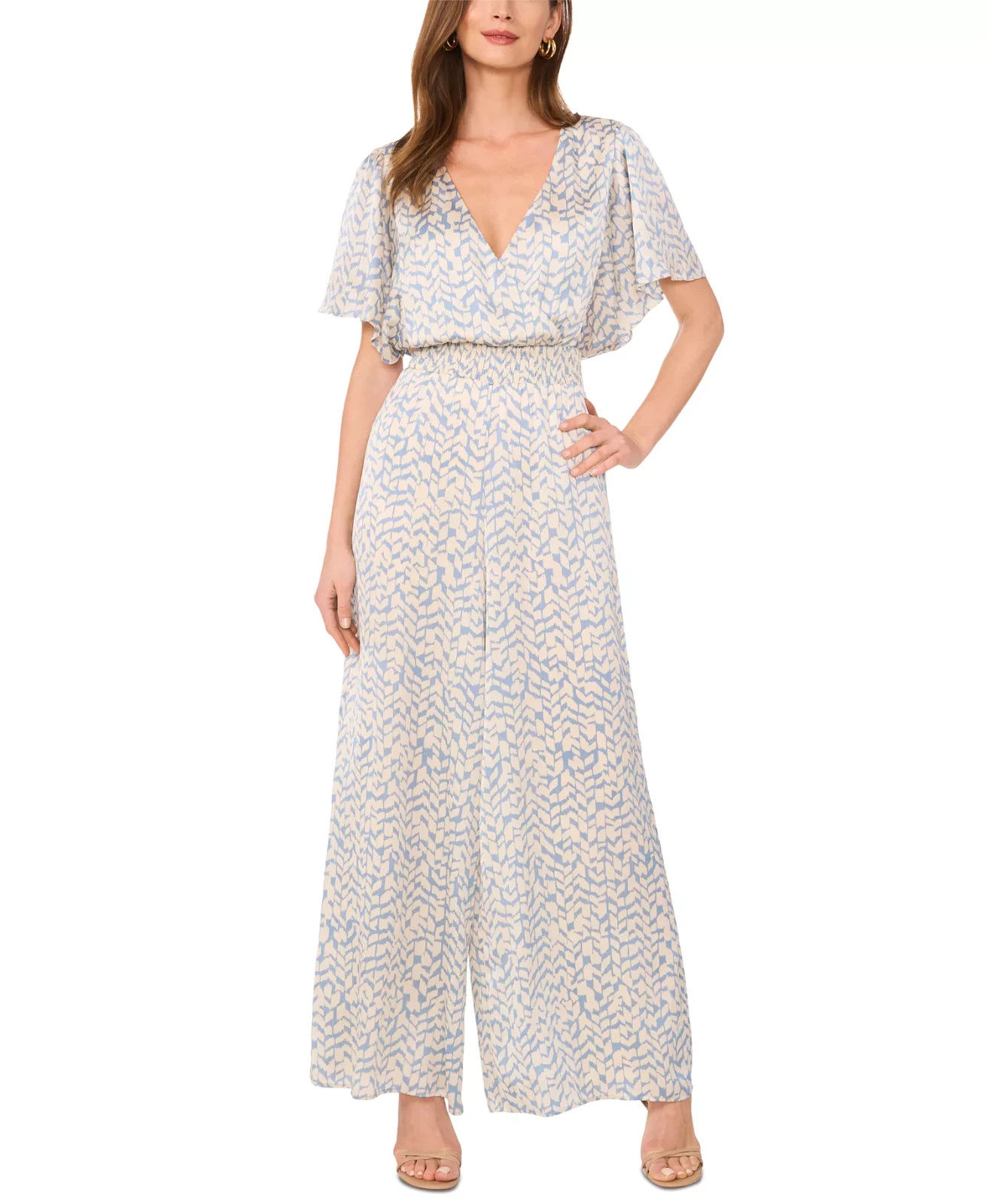 Vince Camuto Women’s Printed Smocked-Waist Flutter-Sleeve Jumpsuit Cream Blue S
