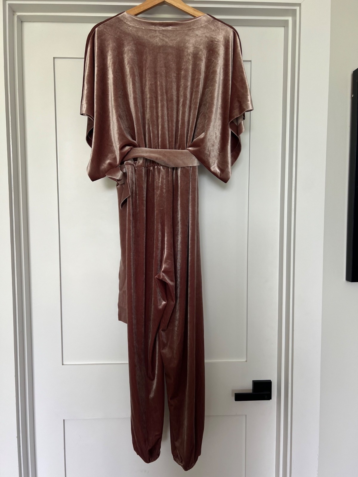 Norma Kamali Rectangle Jog Jumpsuit salmon pink stretch velvet small