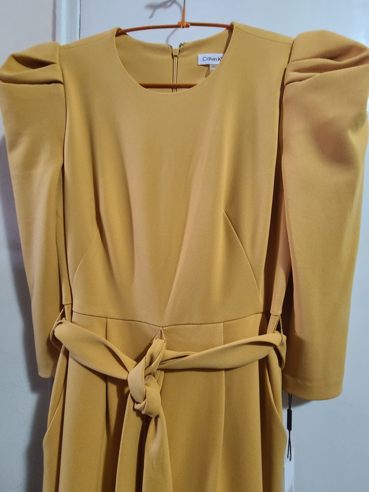 Calvin Klein Womens Mustard Yellow Belted puff shoulder Jumpsuit Size 4
