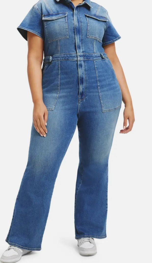 Good American Women’s Blue Fit for Success Bootcut Jean Jumpsuit Sz XS